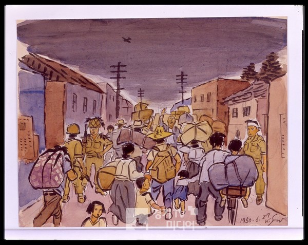 1950년 6월 27일 돈암교부근, 1950, 종이에 연필, 채색
