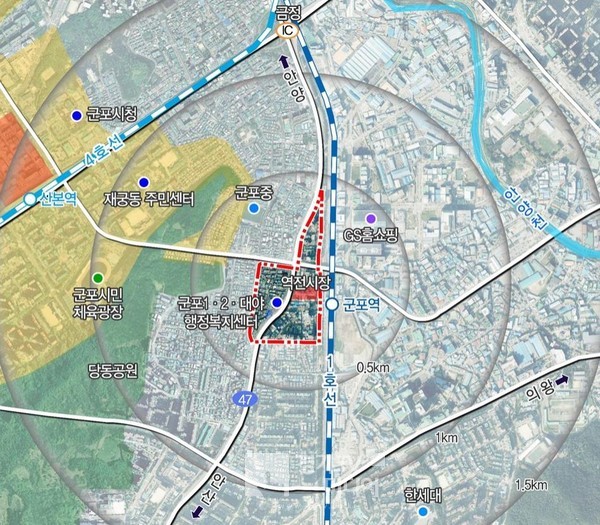 군포역세권 도시재생 뉴딜사업 지역(가운데 붉은 선 구역)